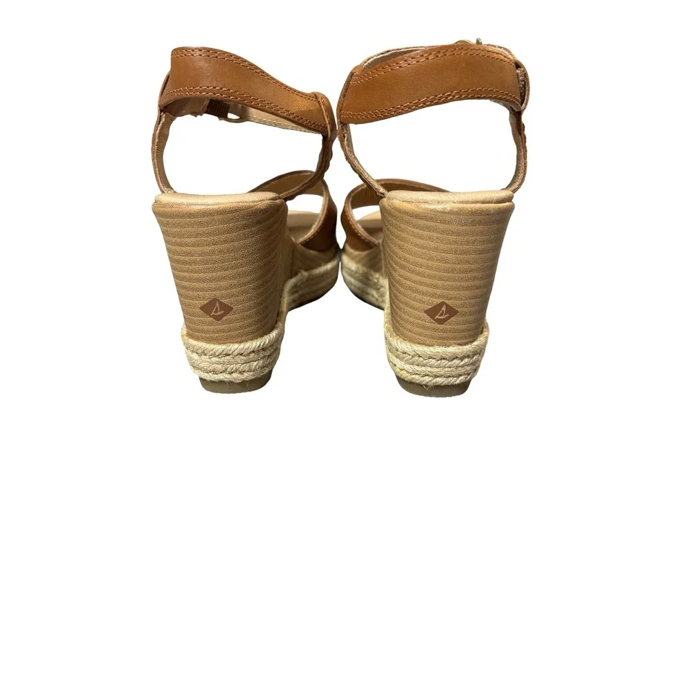 Sperry Plushwave Leather Espadrille Wedge Sandals Size 7M Tan STS85108